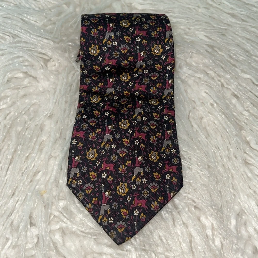 LANCEL PARIS 100% Silk Tie Floral Hunting Deer Print Burgundy Gray Mustard Black